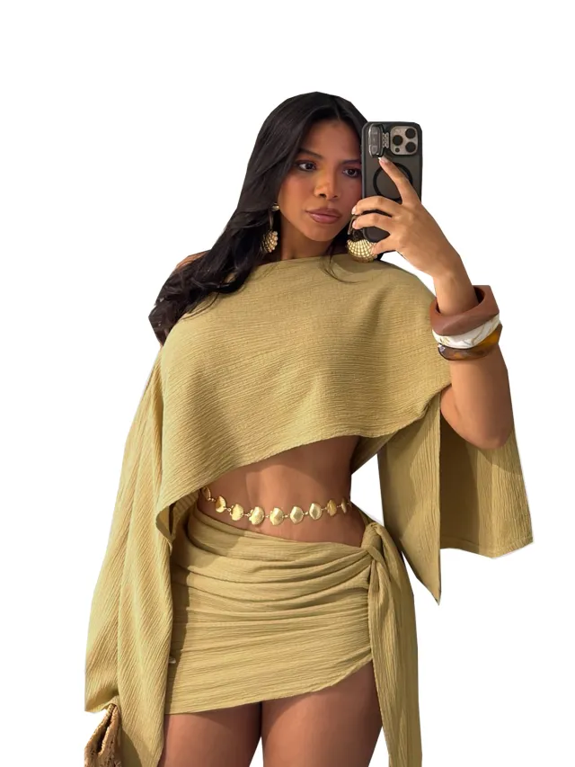 Off shoulder Top And Tie front Bodycon Skirt Set Khaki - Shop at LoveMi