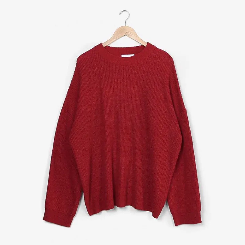 Loose Casual Solid Colour Long Sweater For Women - Red