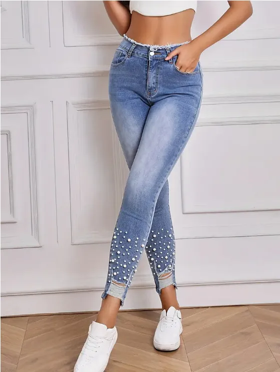 Women's High Waist Stretch Denim Trousers Pearl Ripped Tassel Light Blue - Shop at LoveMi
