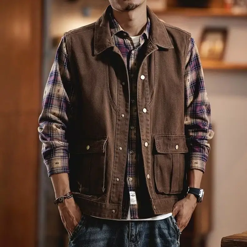 Mens Outdoor Loose-fit American-style Vintage Workwear Vest