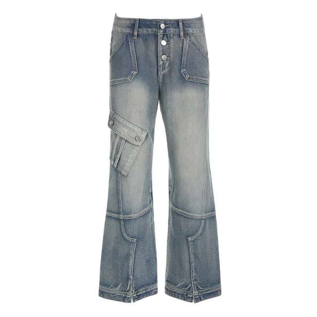 Women's Single breasted Loose Distressed Split Line Design Jeans Blue - Shop at LoveMi