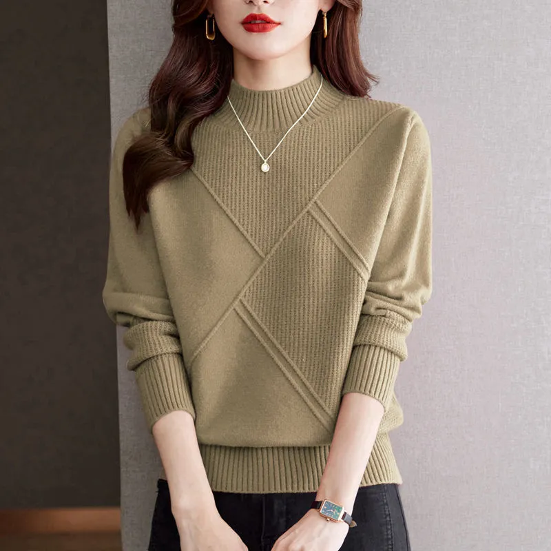 Autumn And Winter New Half Turtleneck Loose Inner Wear Sweater For Women - Camel