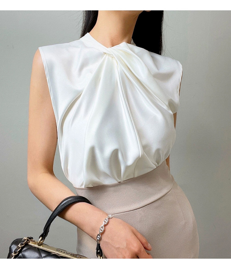 Twist Pleated Single-Breasted Sleeveless Shirt – White