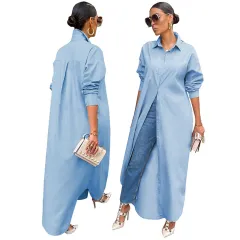 Women's Fashion Casual Solid Colour Long Shirt Coat - Blue - View 1