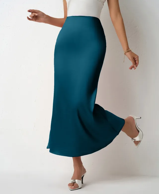 SpringSummer New Slim Satin Midi Skirt Navy Blue - Shop at LoveMi