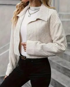 Fashion Casual Plush Polo Collar Solid Colour Slim-fit Short Jacket - White - View 1