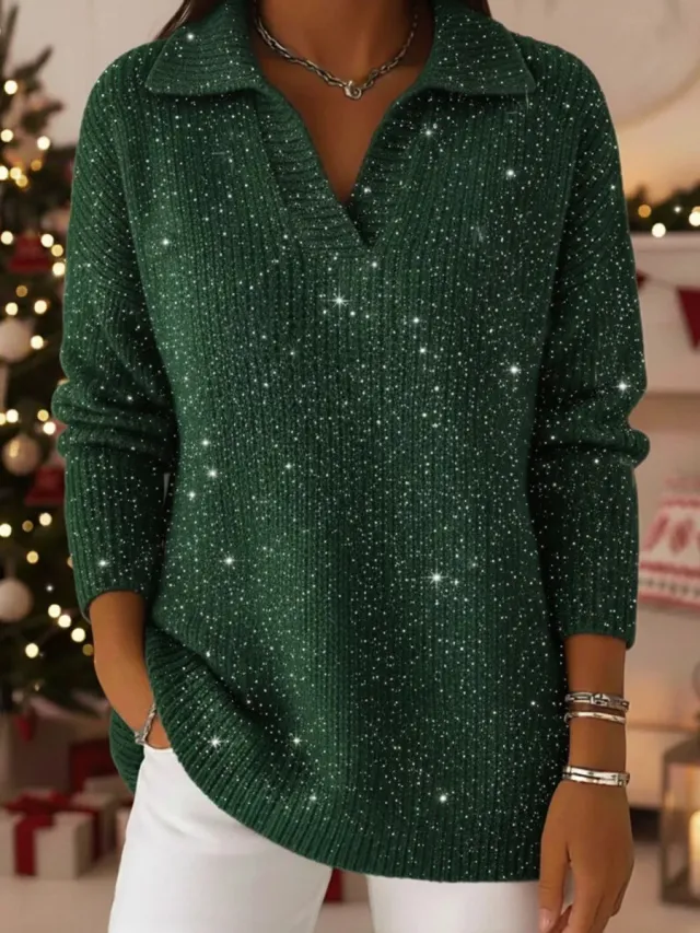 New Solid color Long sleeve Top Shimmering Sweater Green - Shop at LoveMi