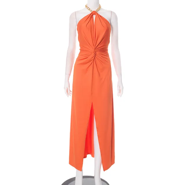 Women's Clothing Neck Hanging Chain Backless Slit Dress Orange - Shop at LoveMi