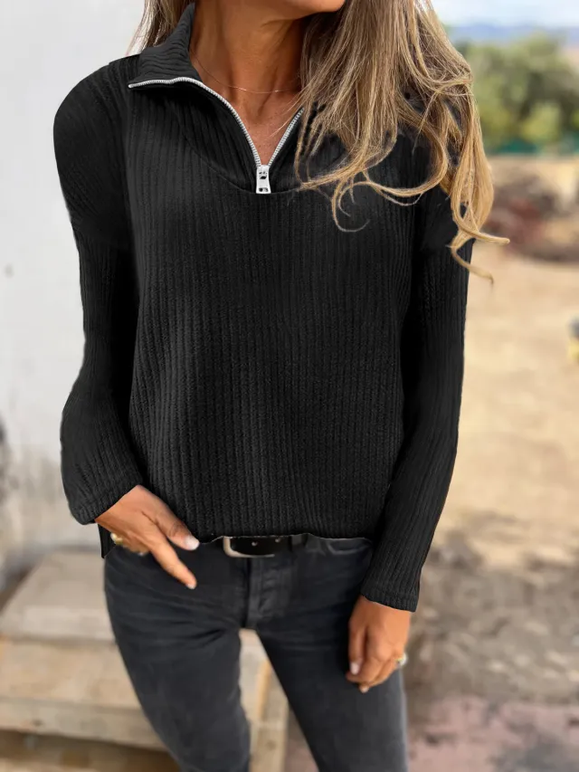 Zipper Pullover Long sleeved Sweater Casual Coat Black - Shop at LoveMi