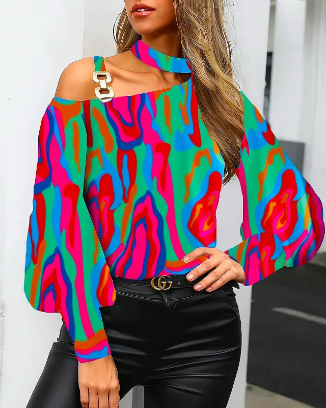 Women's Long sleeved Printed Metal Buckle Halter Shirt Colorful - Shop at LoveMi
