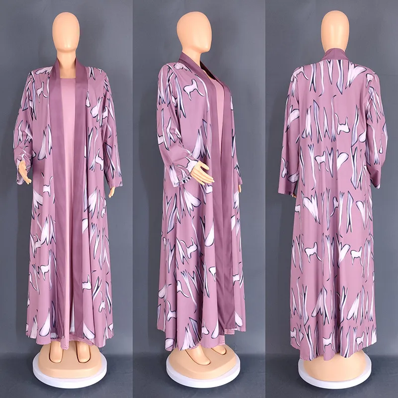 Digital Printing Cardigan Long Robe European And American Clothing Two-piece Suit 8839 - Purple