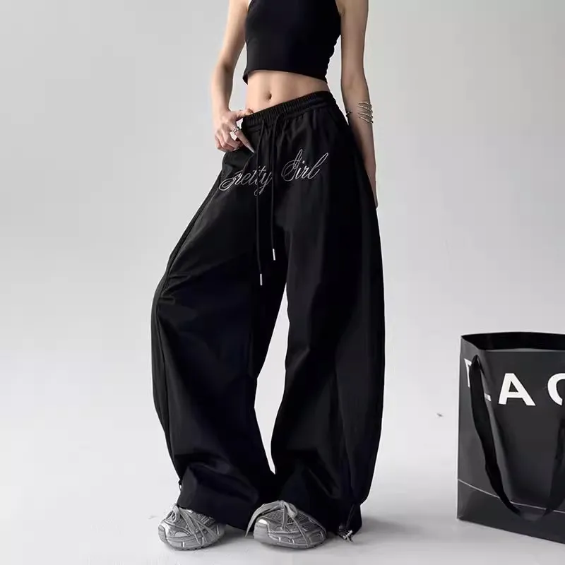 Men's And Women's Letter Embroidery Retro Paratrooper Pants - Black