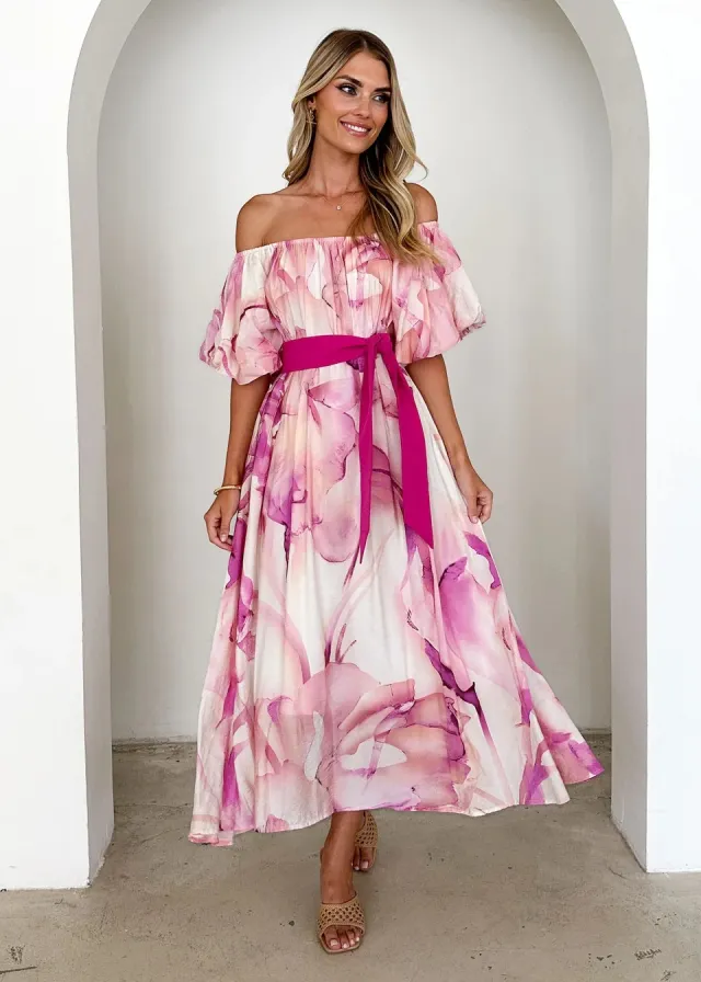 European American Summer New Temperament Shoulder Waist Puff Sleeve Printed Large Swing Dress Red - Shop at LoveMi