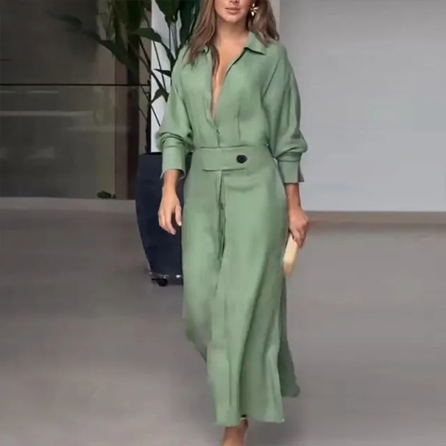 Women's Elegant Tied Solid Color Waisted Long sleeved Shirt Dress Green - Shop at LoveMi