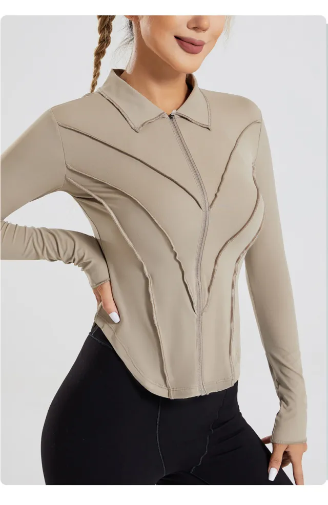Lapel Yoga Clothes Long Sleeve Women's Zipper Jacket Khaki Light - Shop at LoveMi