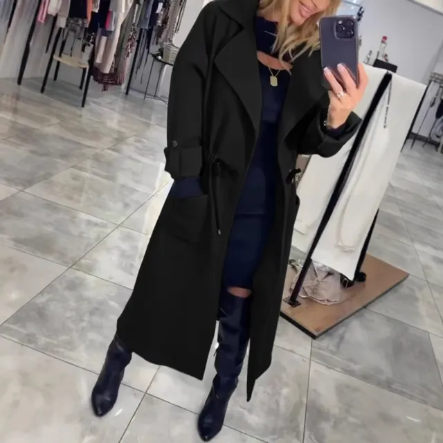 Comfortable Extended Waist Trimming Trench Coat Black - Shop at LoveMi
