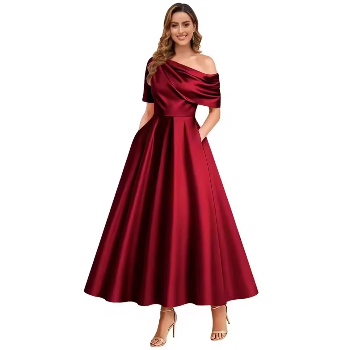 New Elegant And Sophisticated Satin Off-Shoulder Solid Color Dress 5