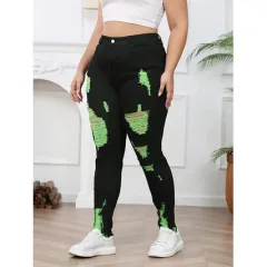 Denim Trousers High Waist Ripped Contrast Colour - Green - View 1