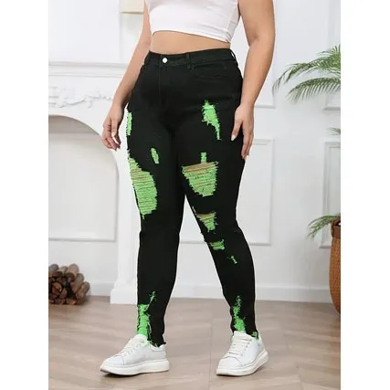Denim Trousers High Waist Ripped Contrast Color Green - Shop at LoveMi