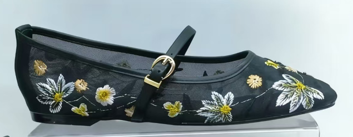 Round-toe Floral-embroidered Mesh Flats