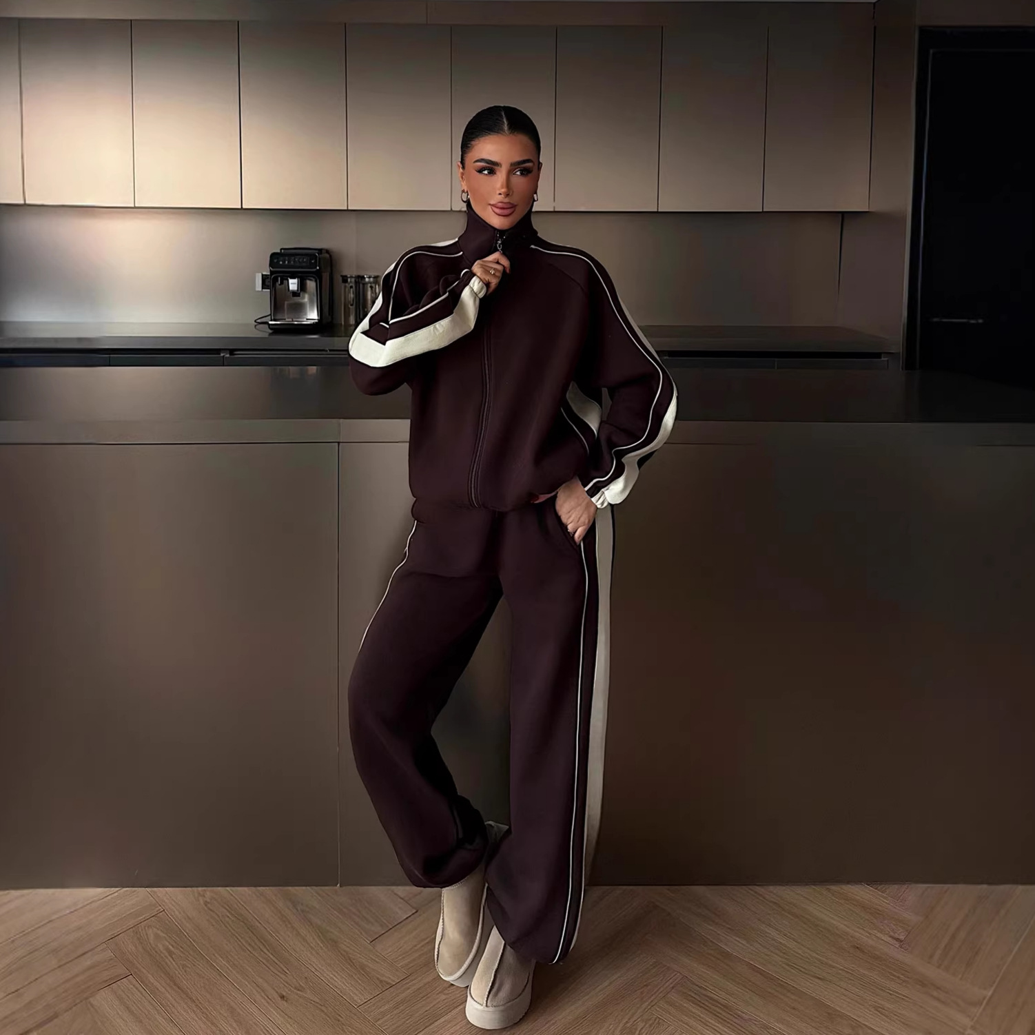 Womens Fashionable Striped Color-Block Zip-Up Cardigan And Pants Set