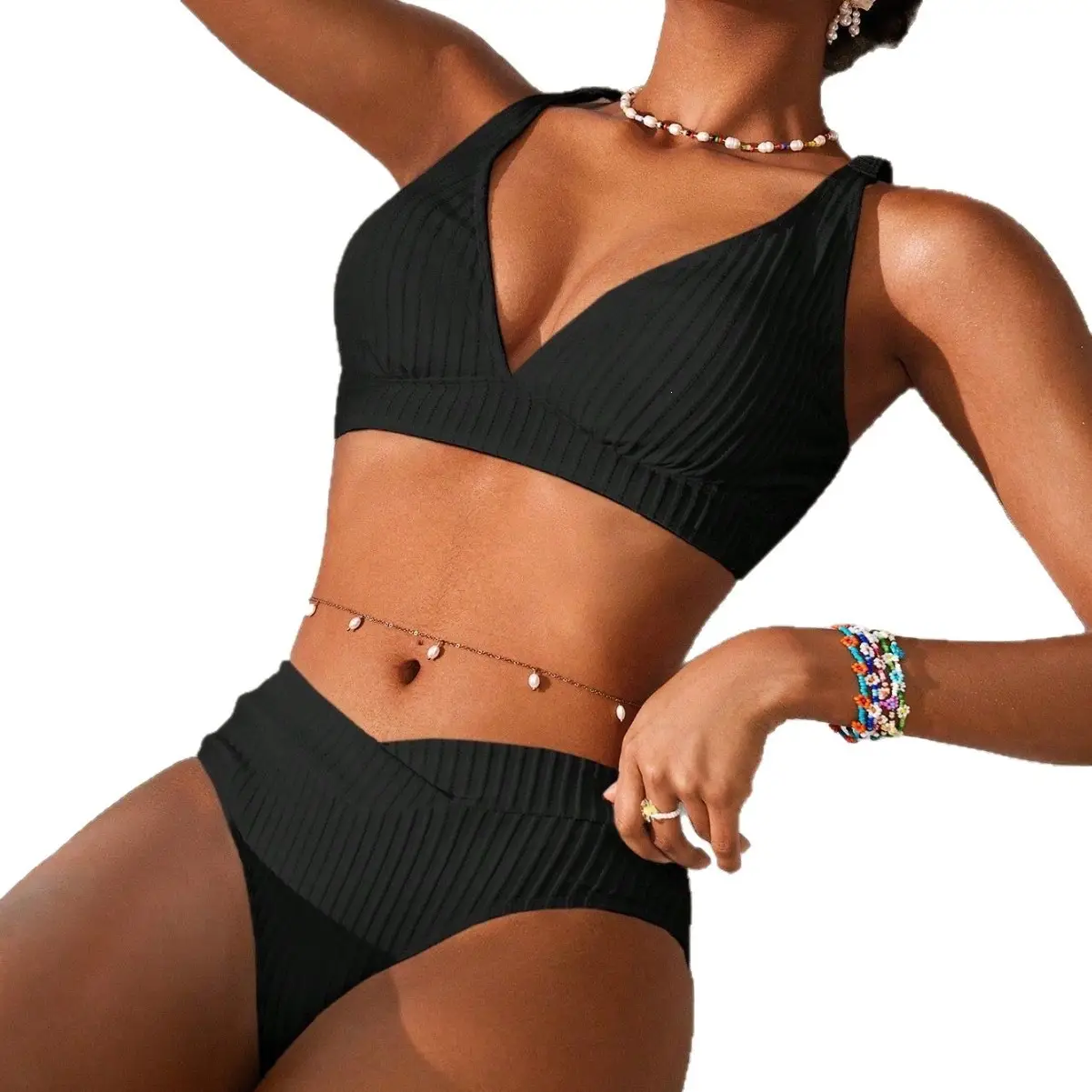 Women's V-Neck Ribbed Textured Swimsuit - Adjustable Straps With Removable Soft Cups