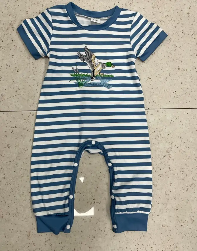 Short Sleeve Striped Embroidery Pattern One-piece