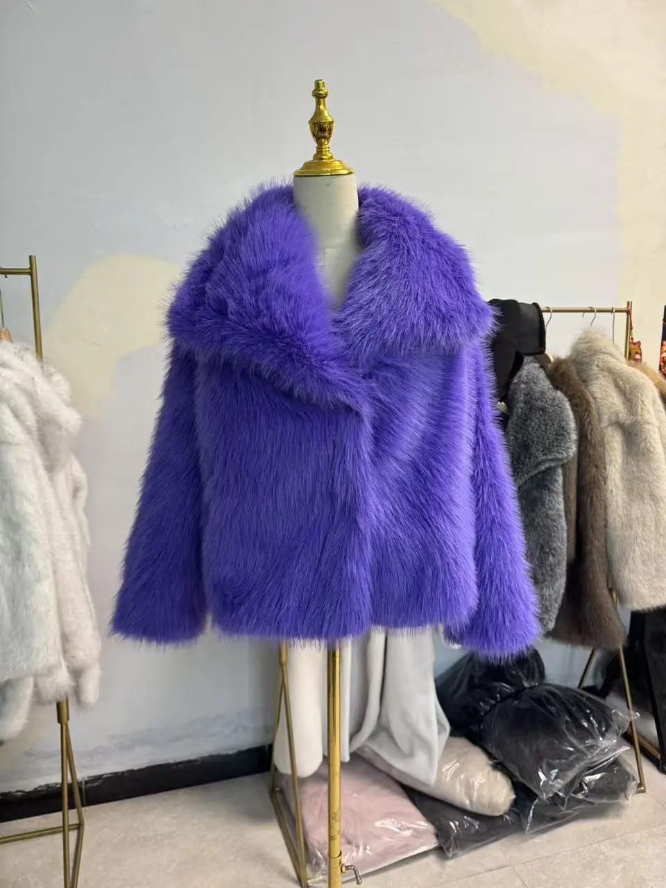Women's Pure Color Versatile Faux Fur Collar Long Sleeve Coat Plus Size Outerwear - Purple