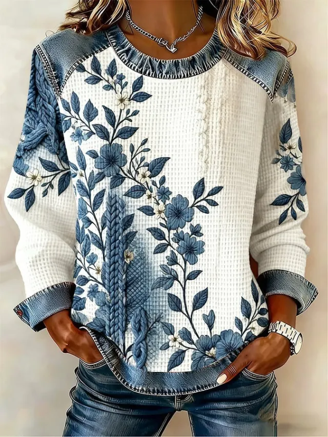 Retro Loose fitting Pullover With A Printed Crew Neck Fch73Jny69X12 S - Shop at LoveMi