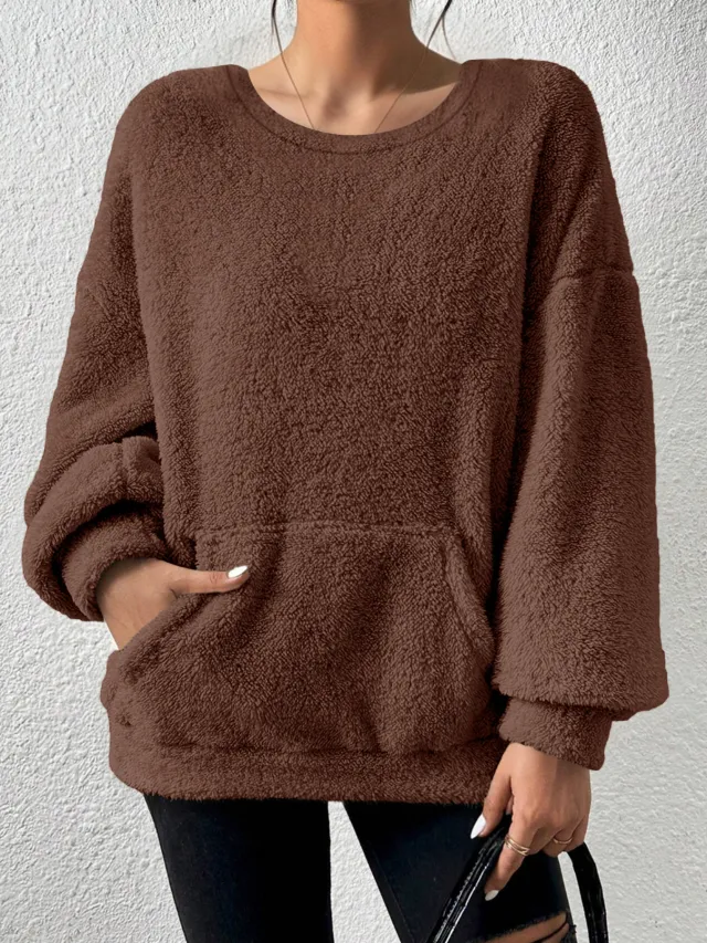 Fashion Solid Color Round Neck Long Sleeve Brown - Shop at LoveMi