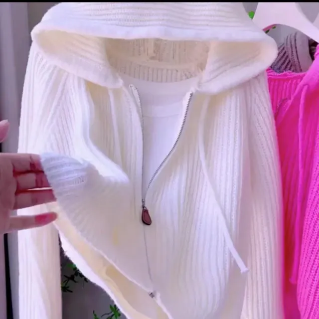 Short Hooded Knit Cardigan Women's Fall Winter Coat White - Shop at LoveMi