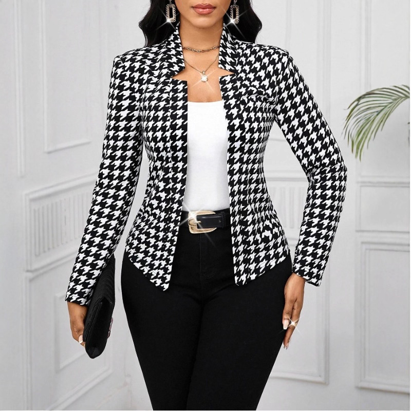 Autumn Winter Houndstooth Blazer Long-Sleeve Cardigan Coat