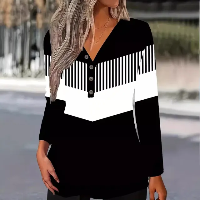 Color Matching Printed V neck T shirt Casual Long sleeved Top White - Shop at LoveMi