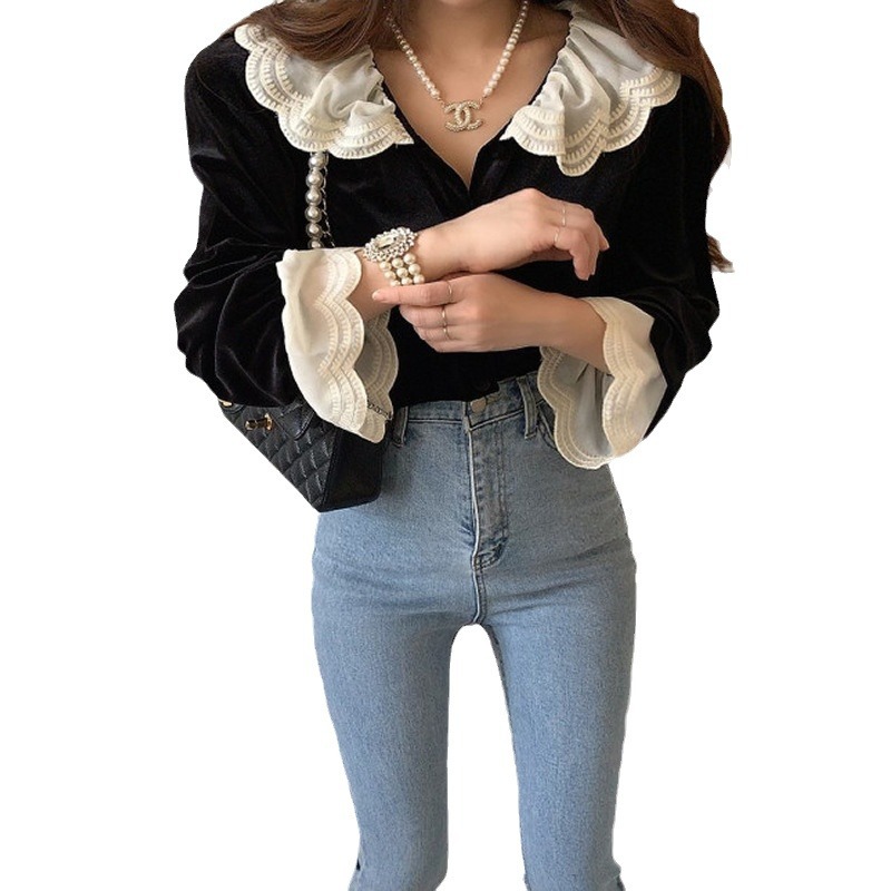 Retro Minority Layers Of Lace Stitching Doll Velvet Shirt For Women