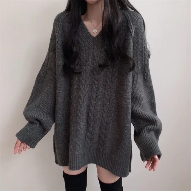 Mid length Cable knit Pullover Sweater Women's Sweater Dark Gray - Shop at LoveMi