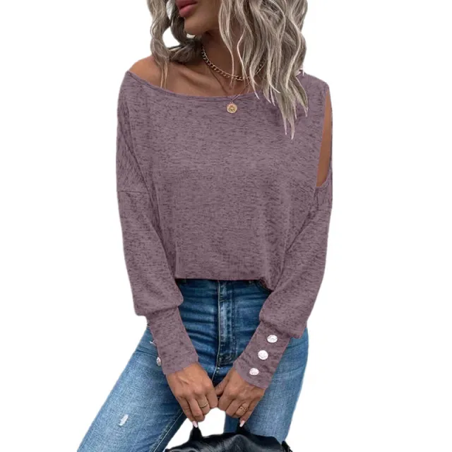 Women's Solid Color Off the shoulder Cuff And Button T shirt Pink - Shop at LoveMi