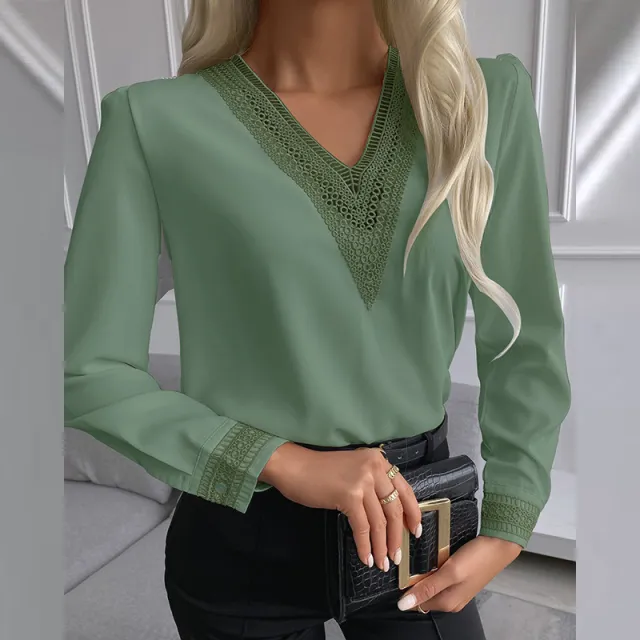 Womens Long sleeve Shirt With Lace Trim Green - Shop at LoveMi