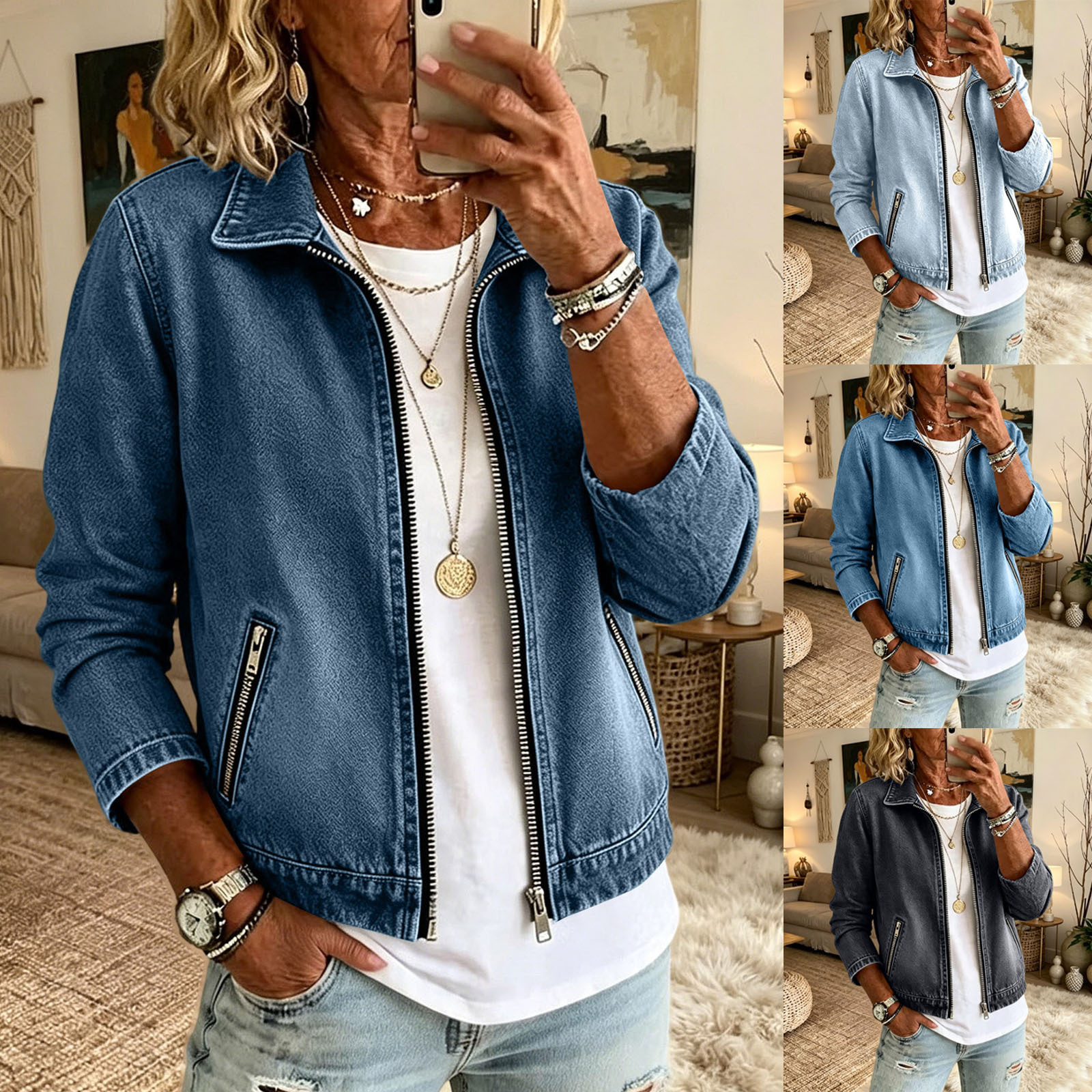 Fashionable Drop-shoulder Zip-up Denim Jacket For Women