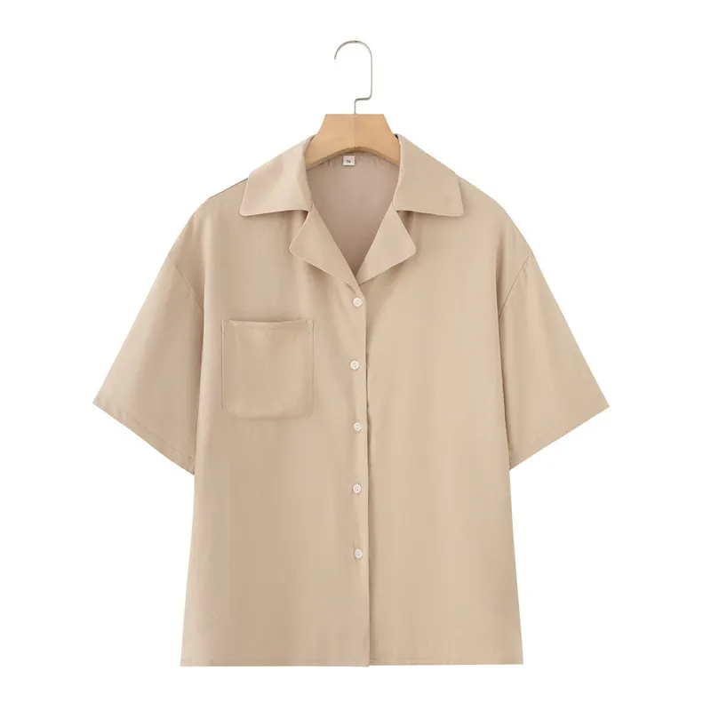 French Lapel Short Sleeve Shirt Outfit Loose Shorts Two-piece Set - Beige