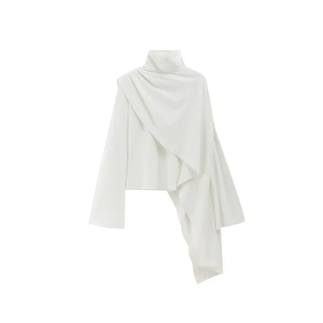 Women's Fashion Leisure Commute Bell Sleeve Turtleneck Shawl Top White - Shop at LoveMi