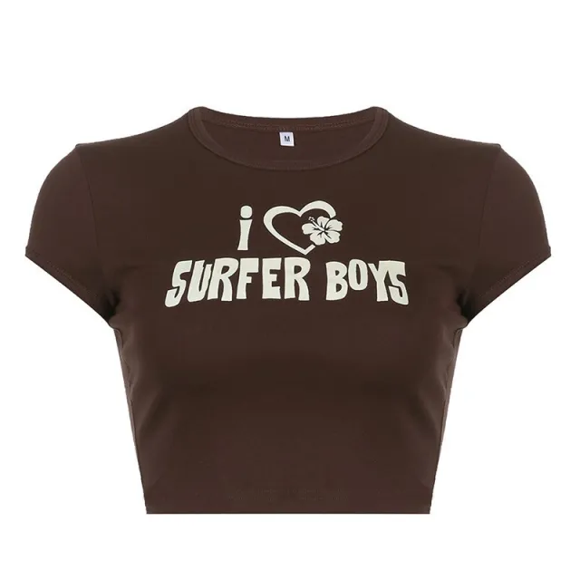 Women's Clothing O neck Short Tight Letter Printed T shirt Brown - Shop at LoveMi