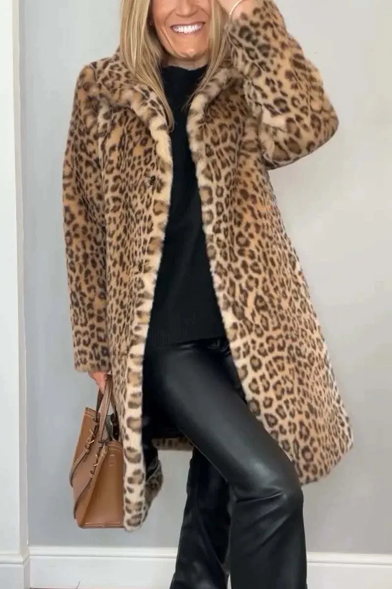 Fall Winter Leopard Print Plush Mid-length Coat - Khaki