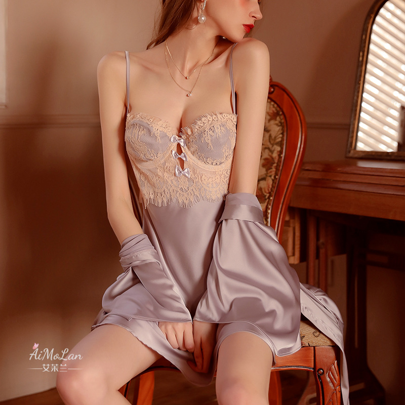 Womens Plus-Size Lace Ice Silk Underwire Camisole Bathrobe Set