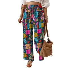 Women's Casual Loose Elastic Floral Print High Waist Wide Leg Pants - Green - View 1