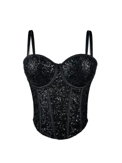 Pure Desire Style Lace Bustier Slim-fit Sequin Spaghetti Strap Women - Black - View 1