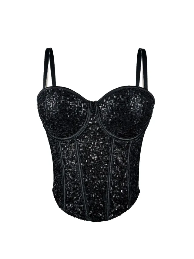 Pure Desire Style Lace Bustier Slim fit Sequin Spaghetti Strap Women Black - Shop at LoveMi