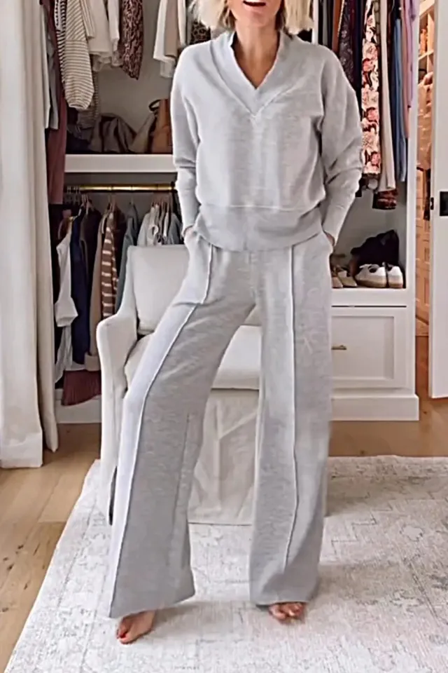 V neck Long Sleeve Loose Top Wide Leg Pants Two piece Set Gray - Shop at LoveMi