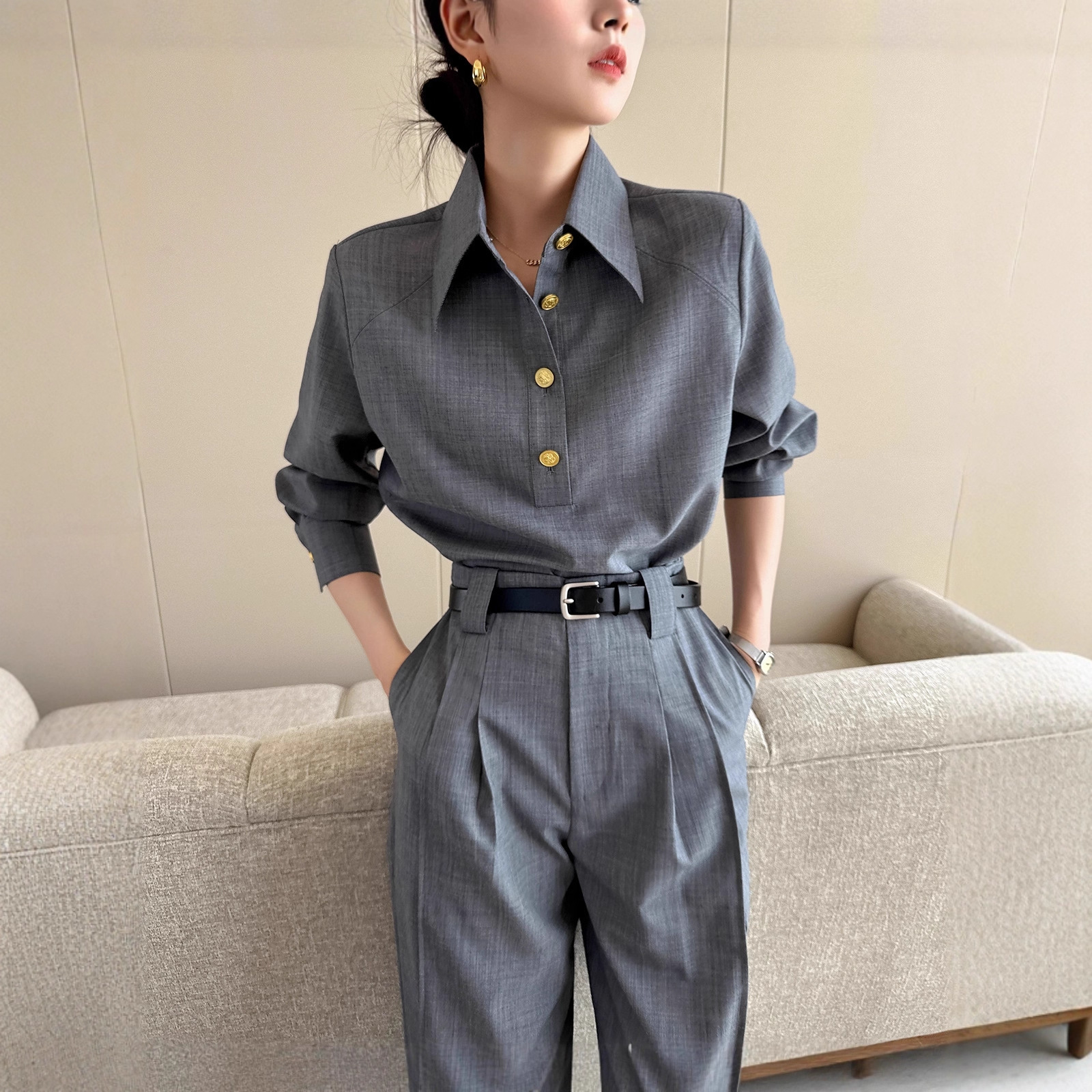 Powerful Aura Womens Gray Shirt And Suit Pants Set