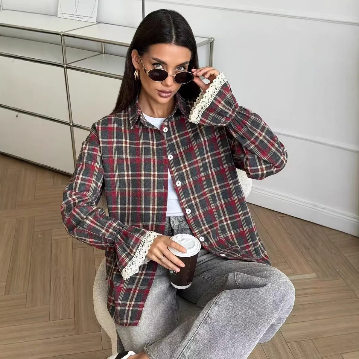 Womens Retro Loose-Fit Plaid Shirt