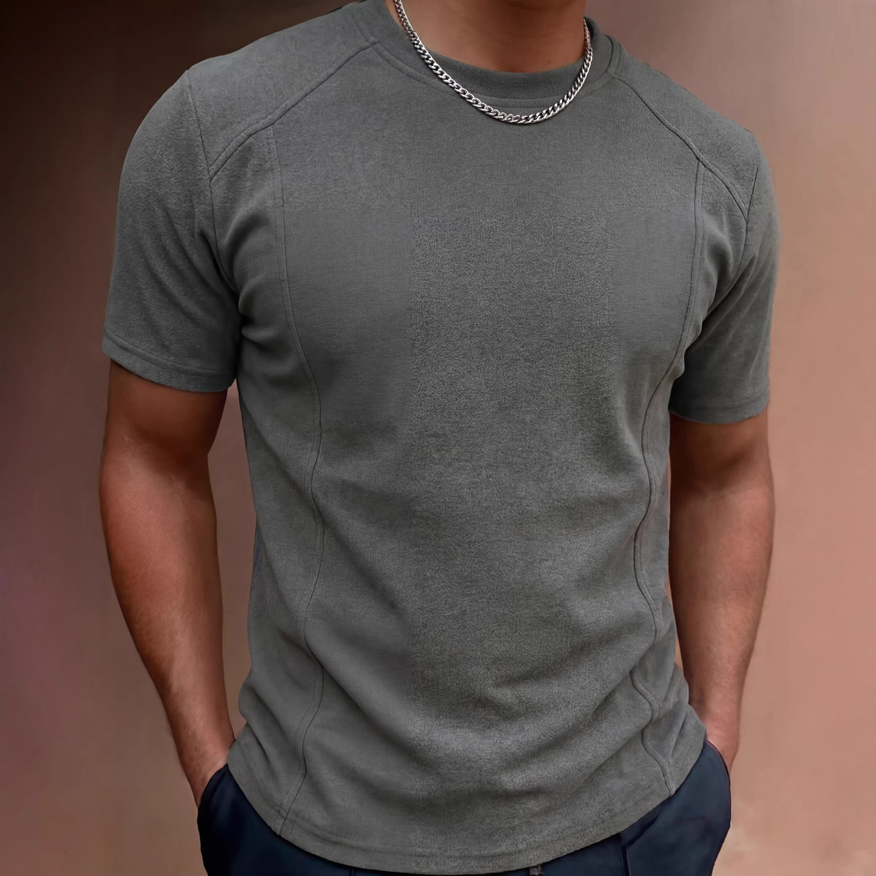 Solid-color Patchwork Sleeve Cuffs Short-sleeve Men's T-shirt Top